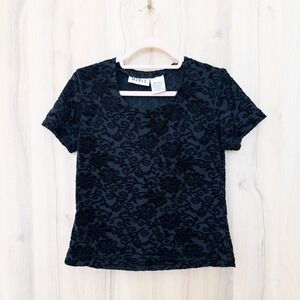 VTG Womens Burnout Floral Velvet‎ Top Size S Black Short Sleeve Whimsigoth Y2K